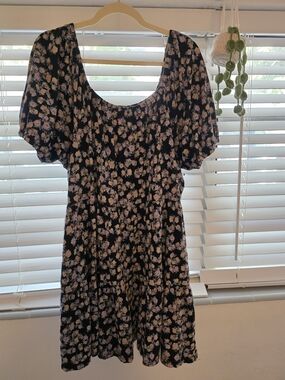 True Craft Black Mini Dress with Pink Floral Print